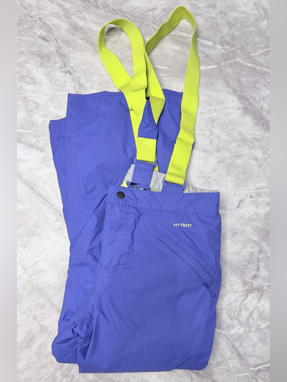Women's Snow Pants with Neon Lime Suspenders - Purple